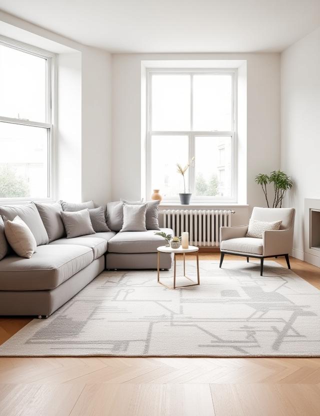 A modern Dublin living room features a Textilia Creations handwoven geometric patterned rug, complementing a minimalist sofa and warm wooden floors.